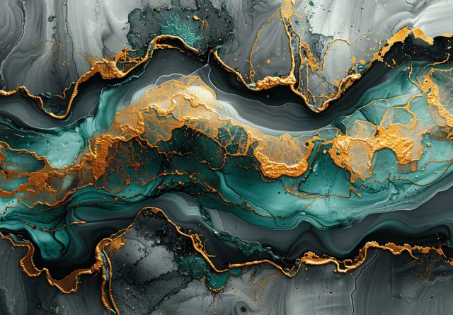 Ondas marmorizadas em turquesa e dourado fluindo sobre uma superfície escura com textura semelhante à pedra.