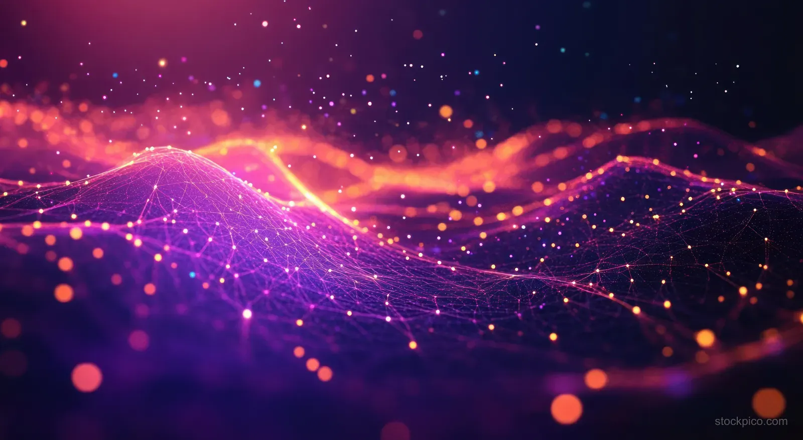 A dark futuristic terrain with purple neon network lines and glowing dotted points forming a connected wave pattern.