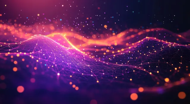 A dark futuristic terrain with purple neon network lines and glowing dotted points forming a connected wave pattern.