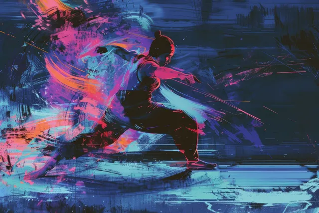 Silhouetted women’s freestyle wrestlers grapple on a mat with neon motion streaks across the scene.