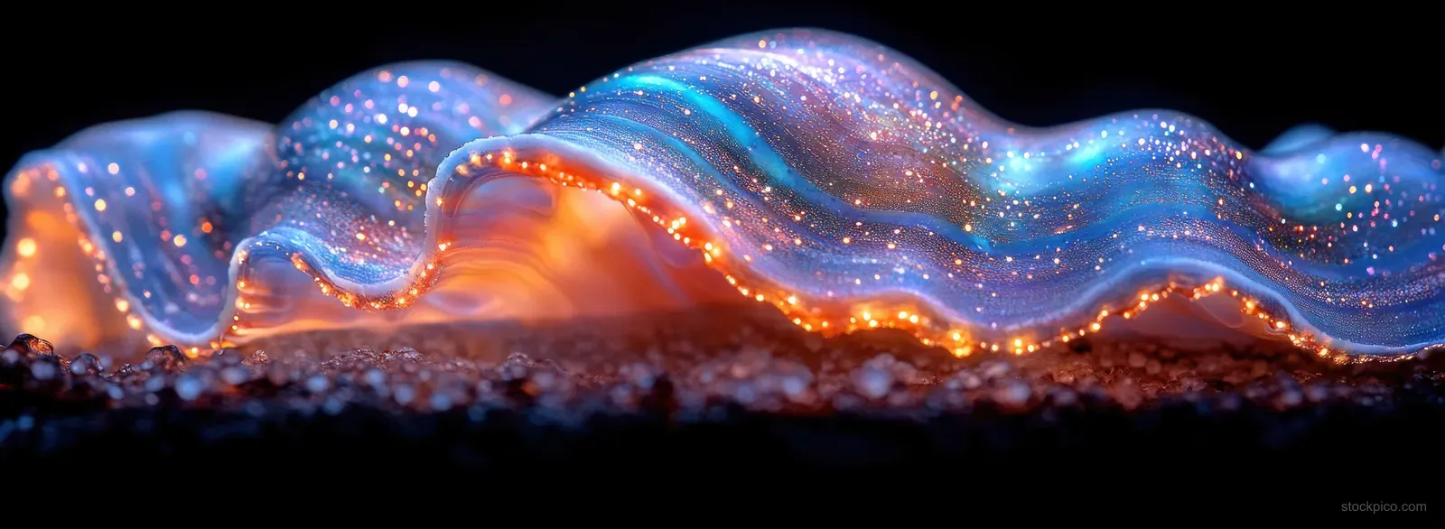Macro close-up of an iridescent abalone shell fragment with glowing blue and orange ridges on a dark background.