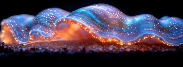 Iridescent abalone shell macro close-up showing glowing blue and orange color patterns