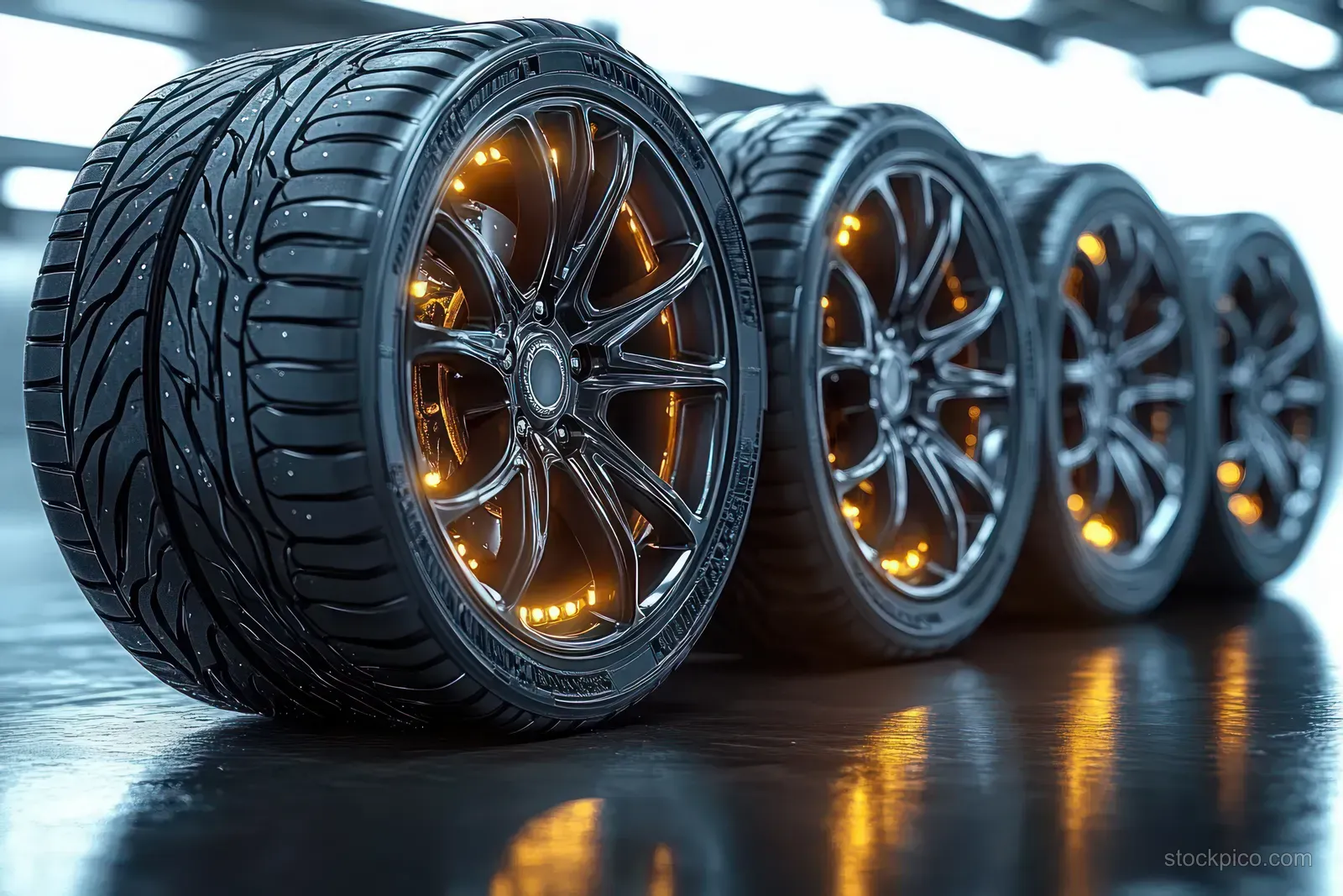 Four car tires with black alloy rims and glowing orange LED accents arranged in a row on a reflective indoor floor.