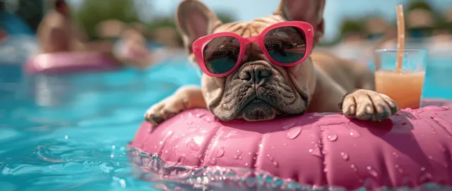 French bulldog lounging on a pink inflatable pool ring wearing red sunglasses