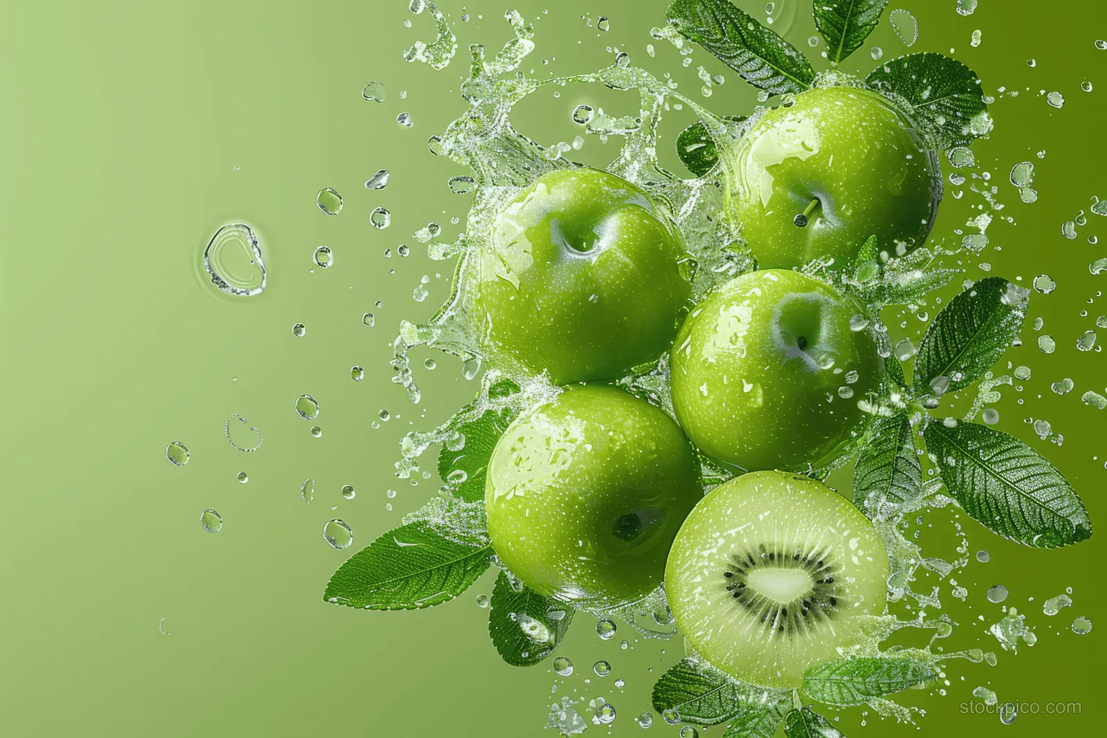 Green plums and aloe leaves in flat lay with water droplets splashing over a pale lime-green background.