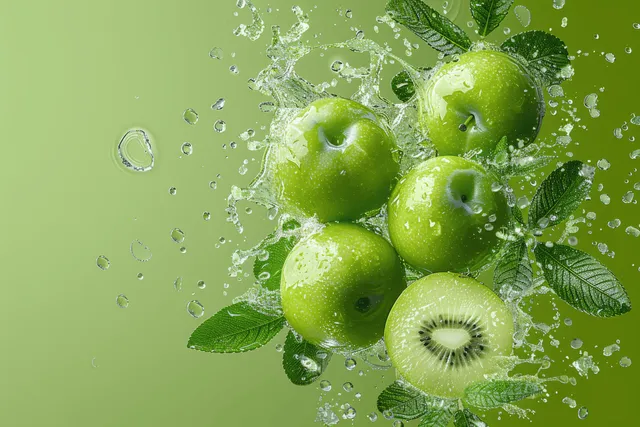 Green plums and aloe leaves in flat lay with water droplets splashing over a pale lime-green background.