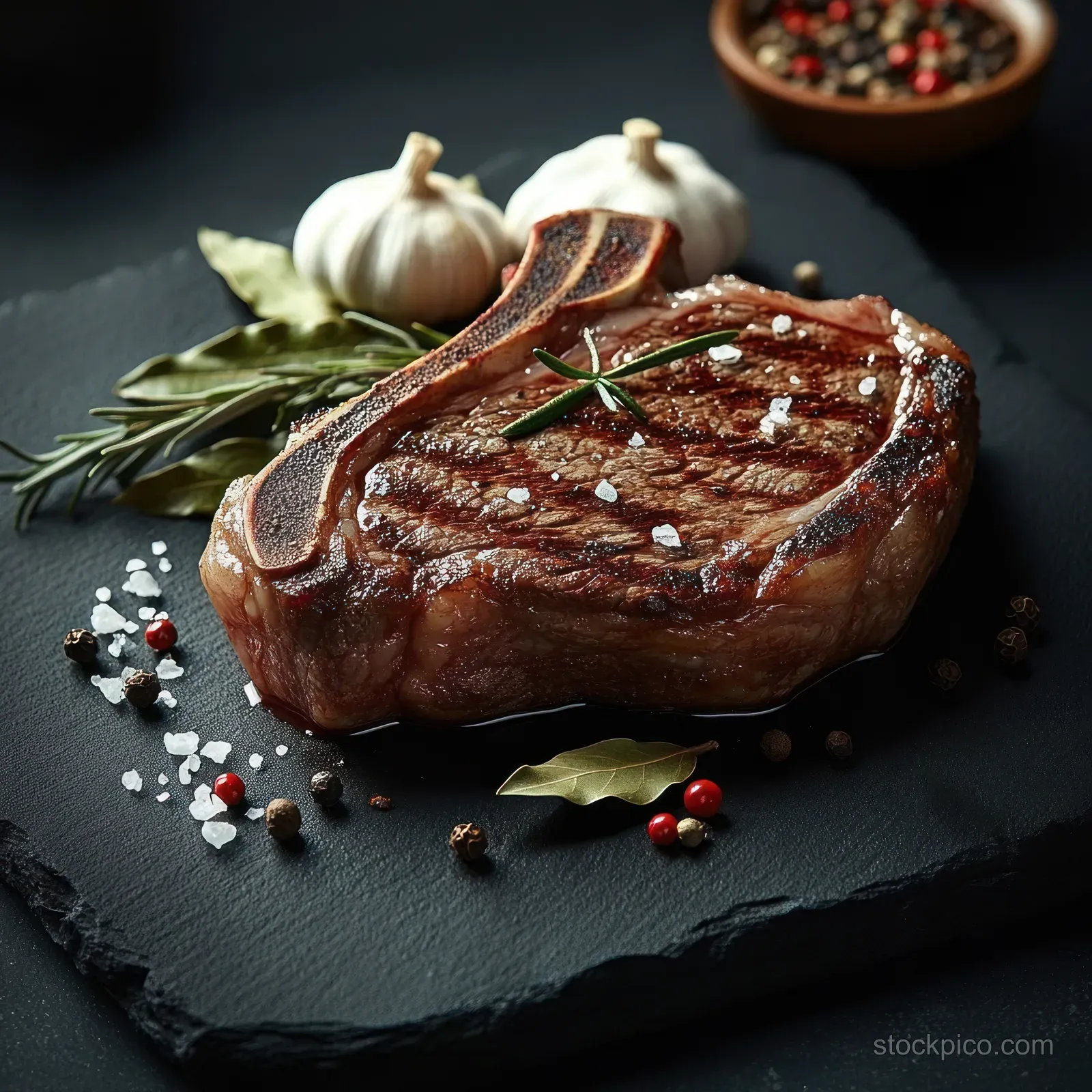 Bone-in grilled steak garnished with rosemary and coarse salt on dark slate with garlic bulbs, bay leaves, and peppercorns.