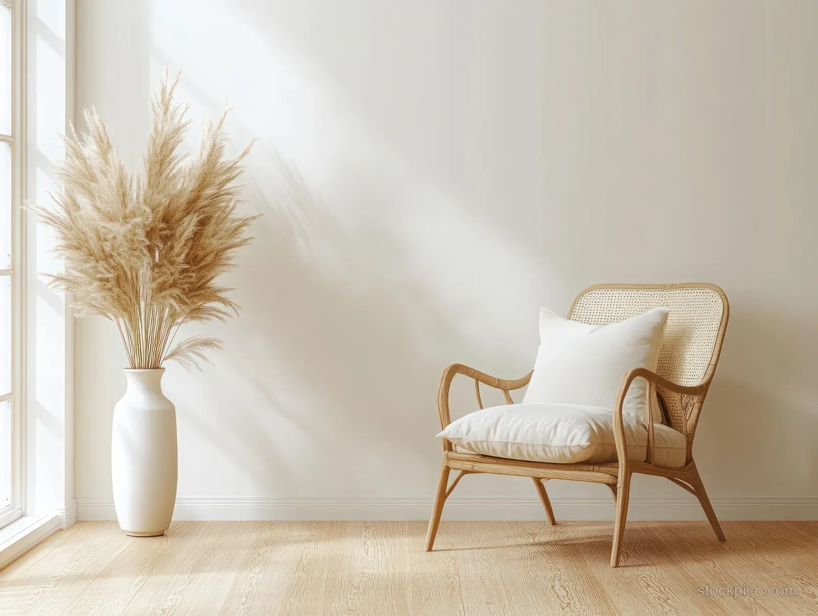 A caned wooden armchair with a white cushion sits beside a vase of dried pampas grass in soft natural light.