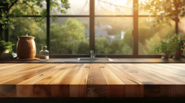 Empty wooden tabletop with morning sunlight and blurred kitchen counter window bokeh