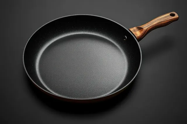 An empty black frying pan with a wooden handle lies on a dark background.