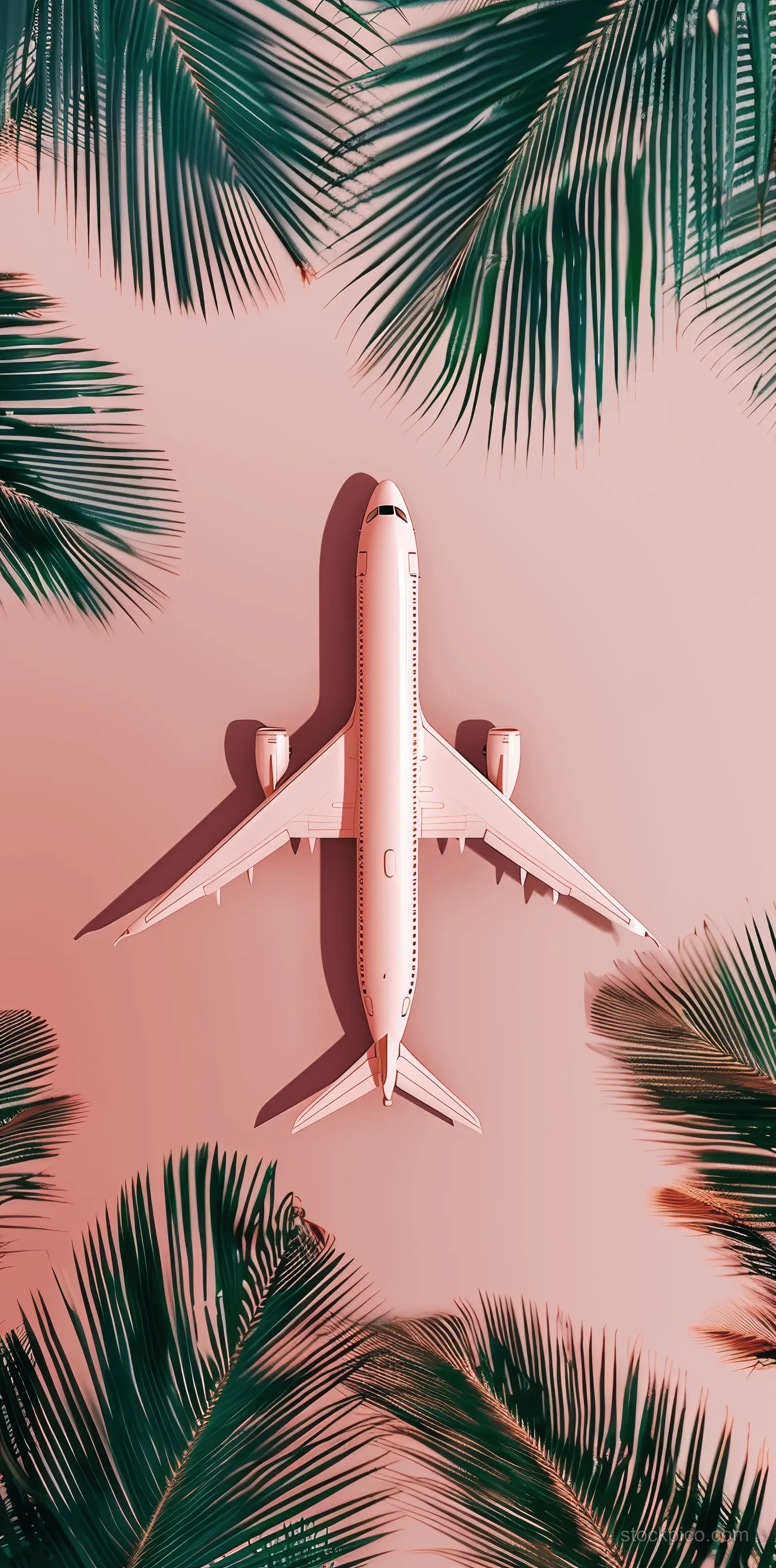 A minimalist airplane sits centered with palm leaves framing it on a pastel peach summer background.