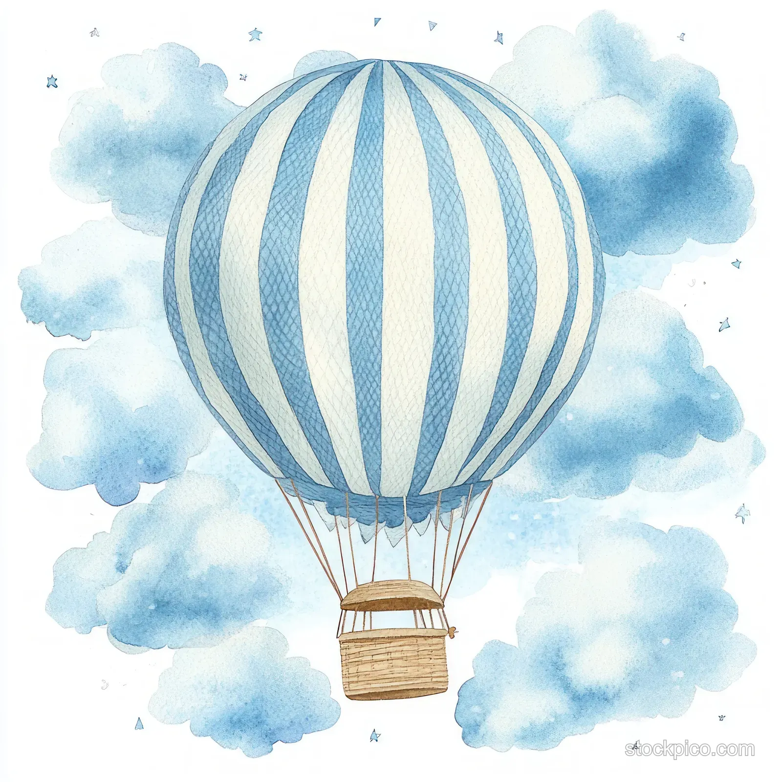 Watercolor hot air balloon with blue and white stripes floating above fluffy blue clouds.