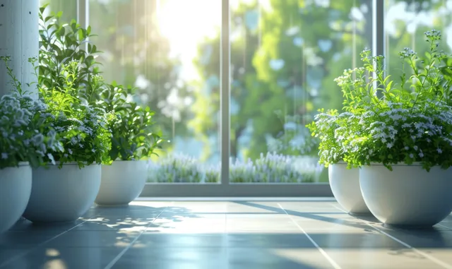 Sunlit office lobby corner with white potted plants and blurred city view through a large window.