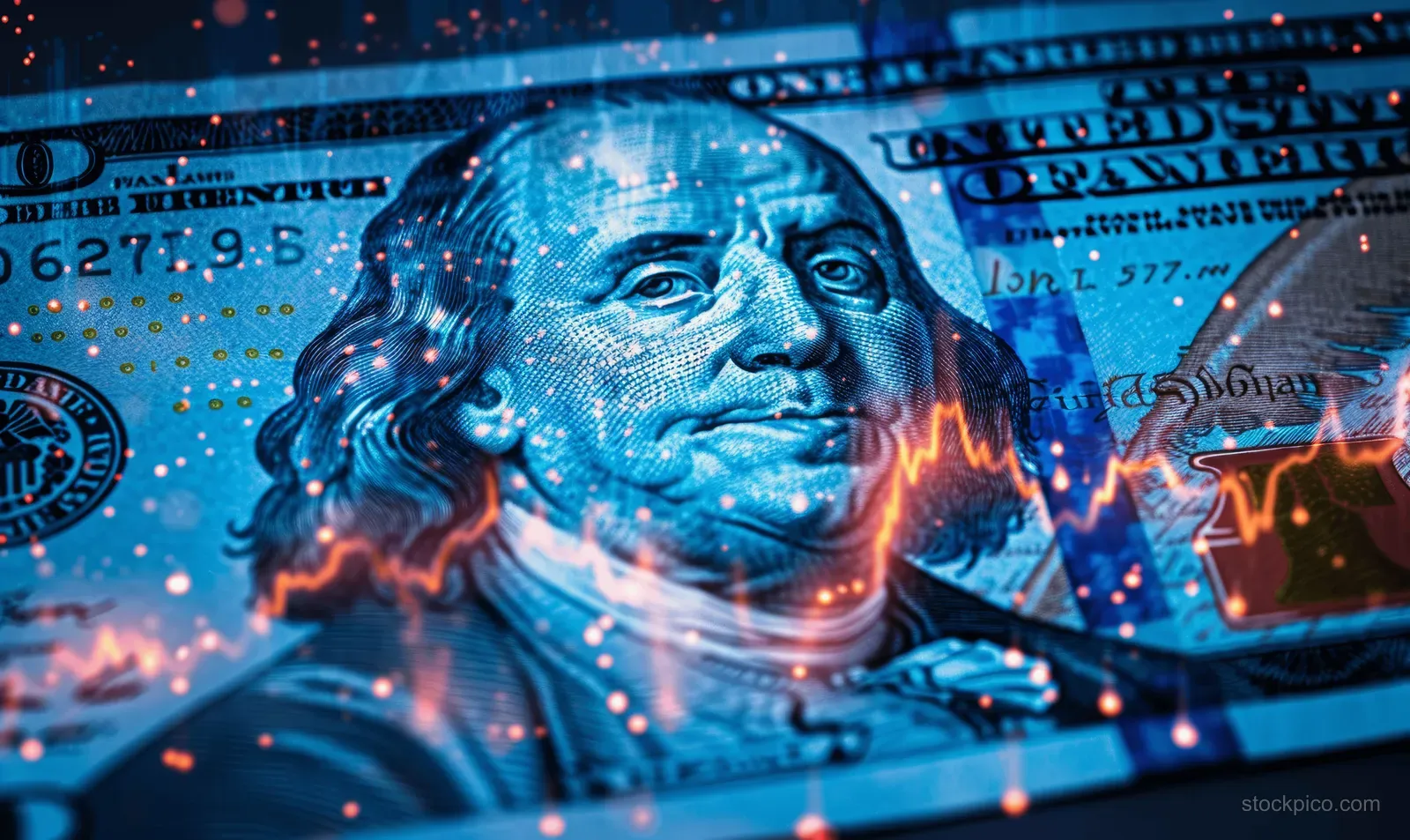 Benjamin Franklin on a dollar bill is shown with a red falling stock chart suggesting a recession and financial crisis.