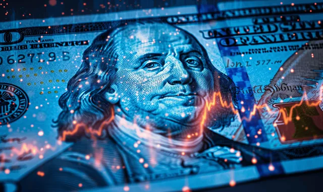 Benjamin Franklin on a dollar bill is shown with a red falling stock chart suggesting a recession and financial crisis.