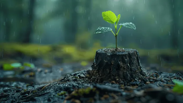 Green sapling grows from a moss-covered oak stump amid foggy forest light beams.