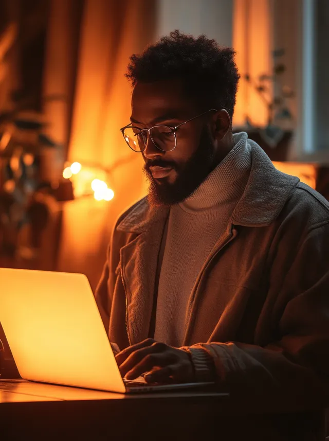 Man typing on laptop at desk, blank screen, warm lamp glow and bokeh background