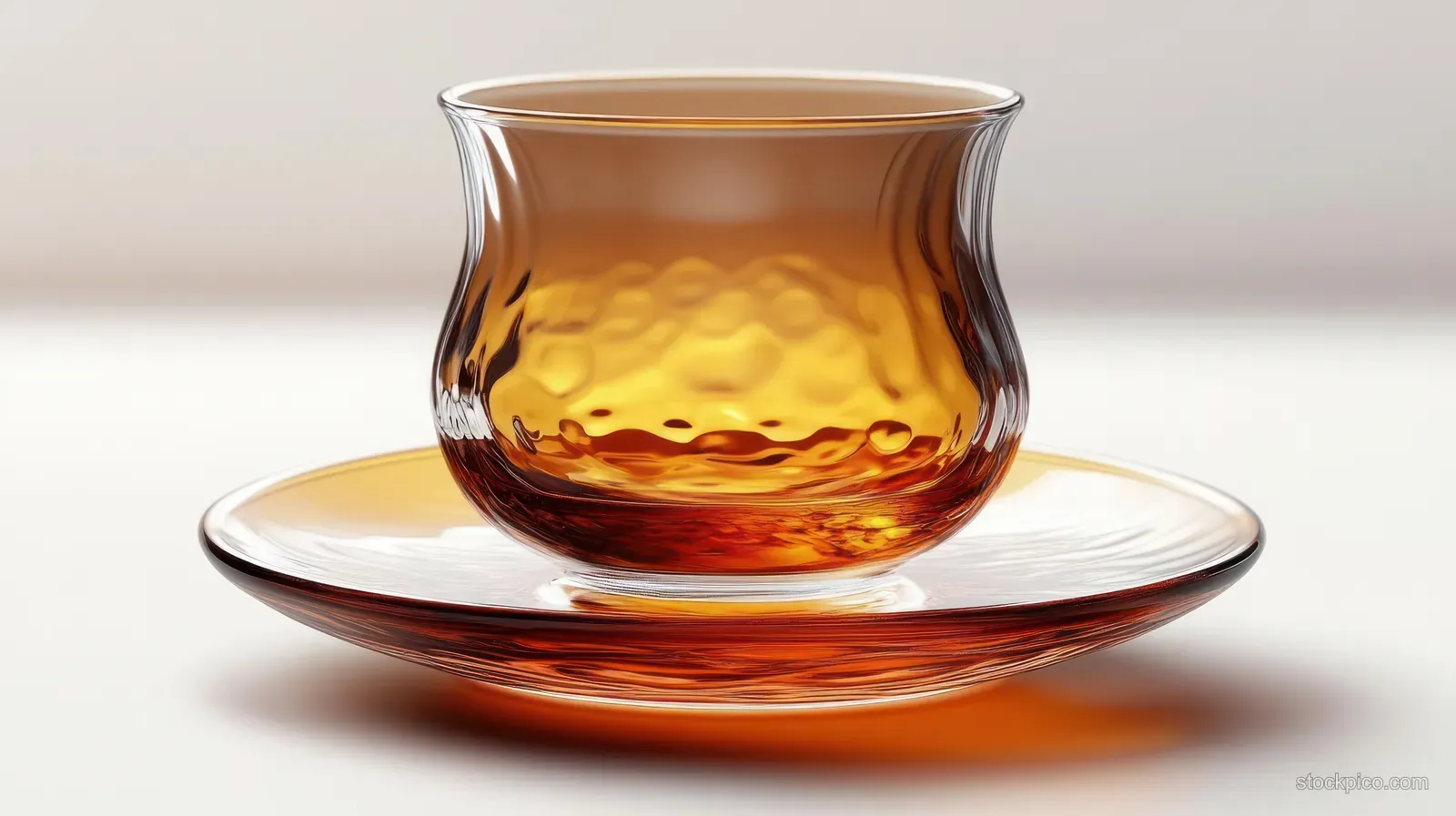 Transparent textured glass cup filled with amber drink on a matching saucer against a soft neutral background.