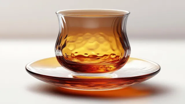 Amber beverage in textured transparent glass cup on matching saucer with warm reflections