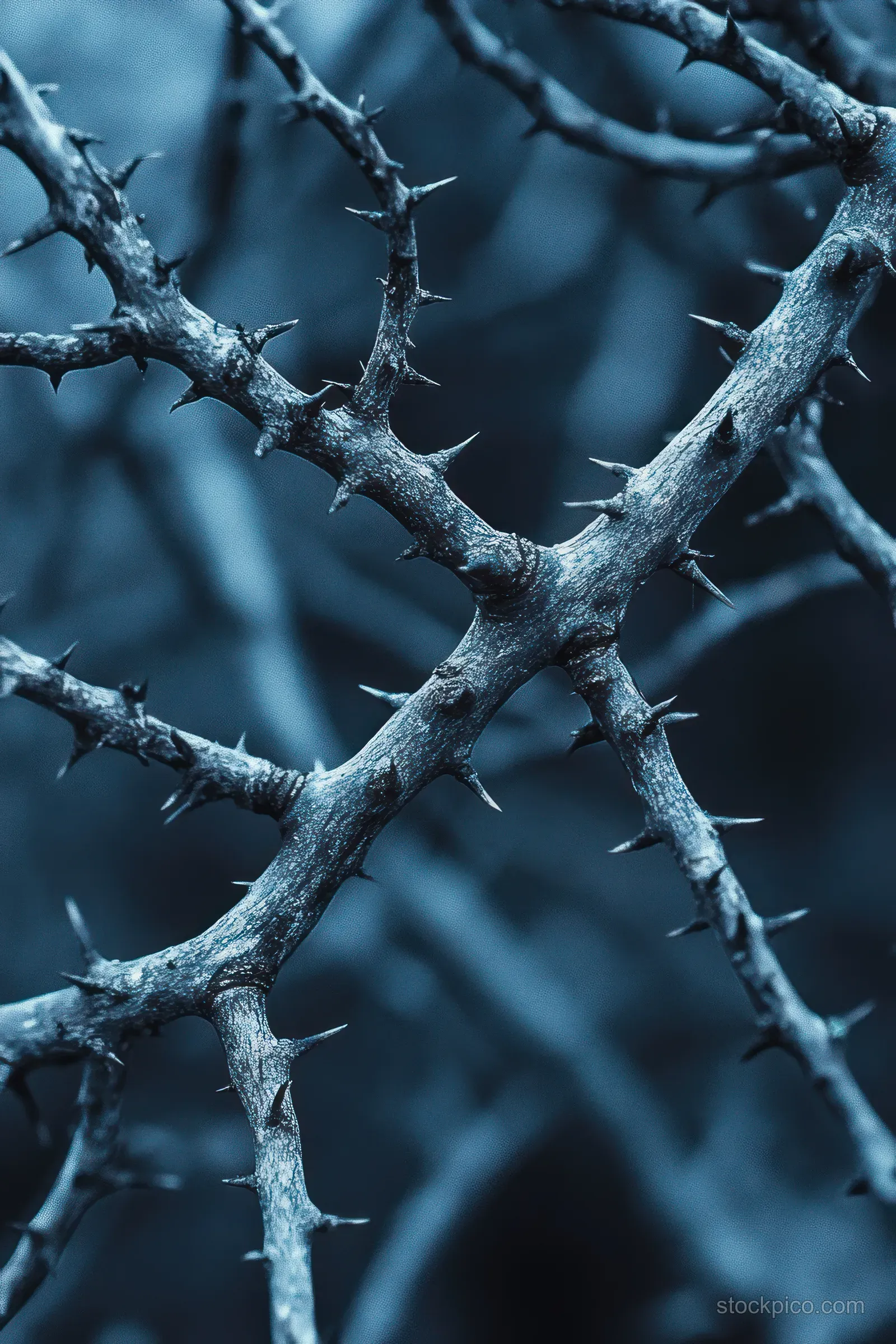 Close-up of spiky thorny branches interwoven against a cool blue winter background.