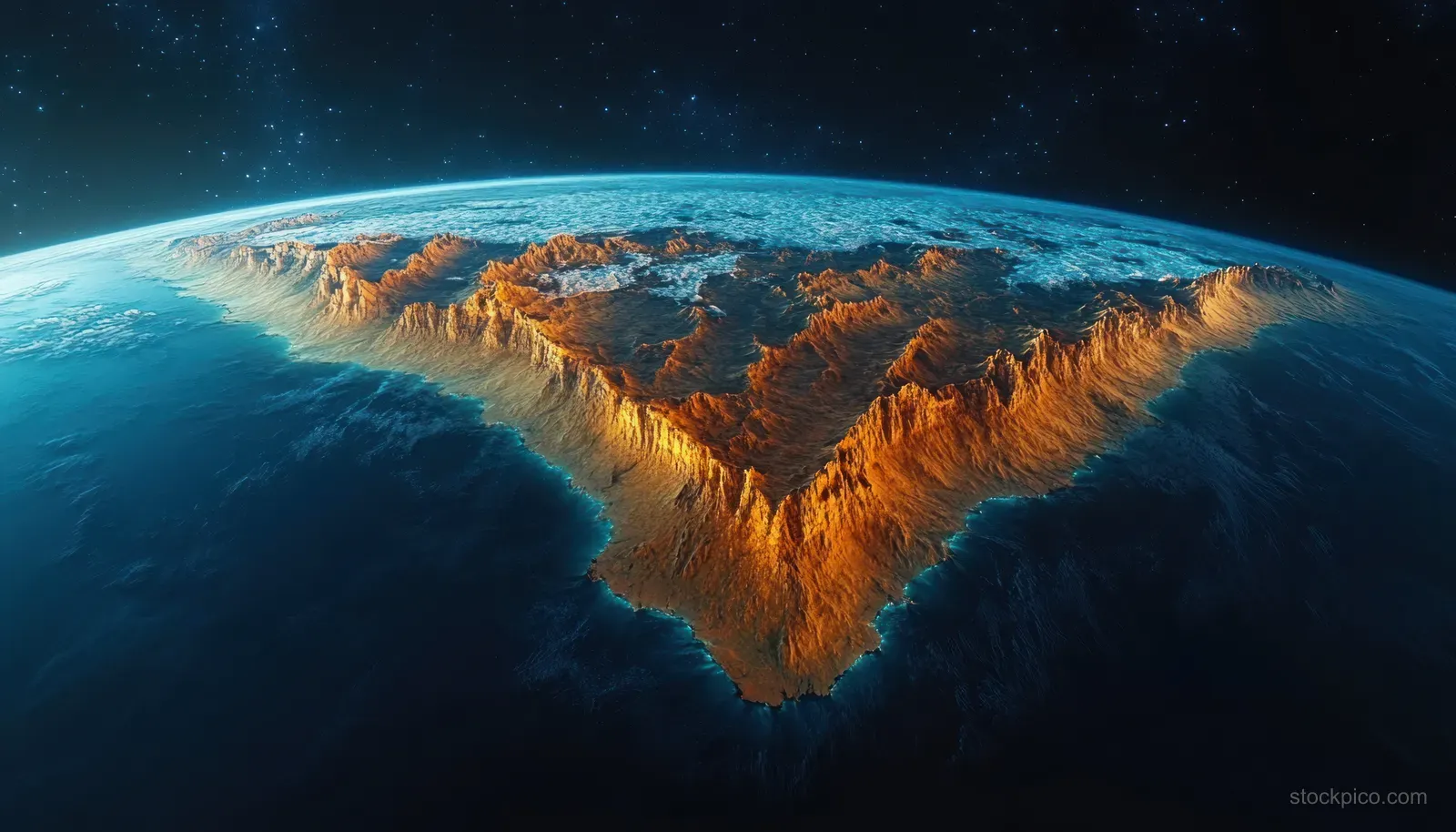Glowing sunlight illuminates Africa’s coast and terrain from an orbital view above Earth’s curved horizon.