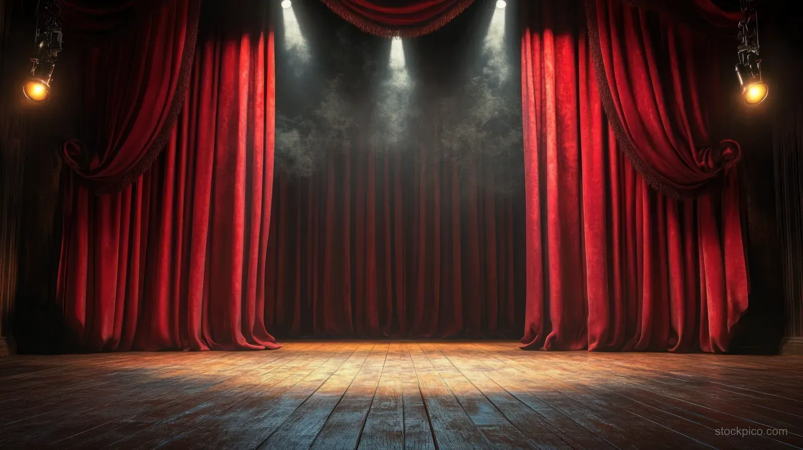 Empty theater stage with red curtains and a spotlight beam illuminating the dark floor.
