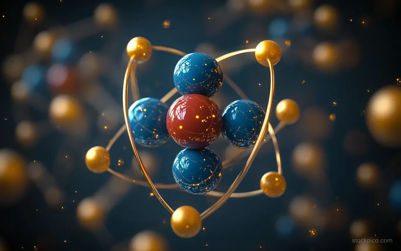 A 3D atomic model with a red nucleus, blue particles, and golden electron orbits over a dark bokeh background.