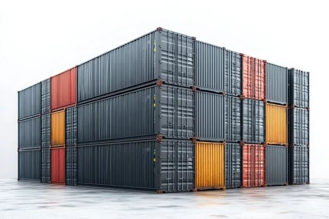 Multi-colored shipping containers are stacked in an industrial yard on a clean concrete floor beneath an overcast sky.