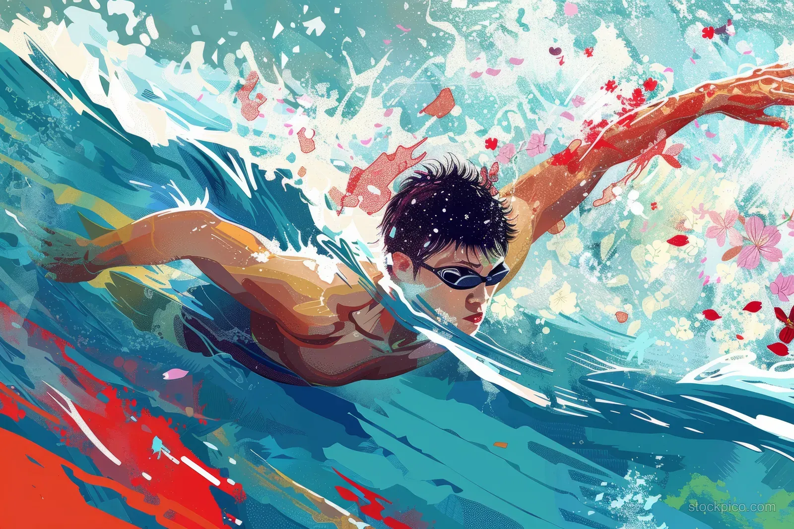 A stylized swimmer in breaststroke dives forward amid explosive water splashes and speed lines.