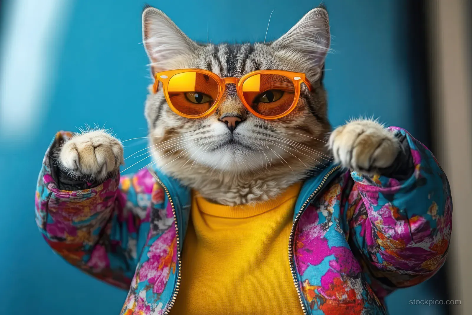 Tabby cat wearing orange sunglasses and a floral jacket poses with raised paws against a teal background.
