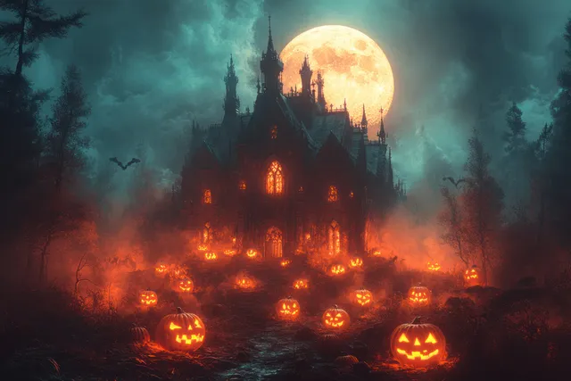 A haunted house glows with jack-o'-lanterns under a full moon.