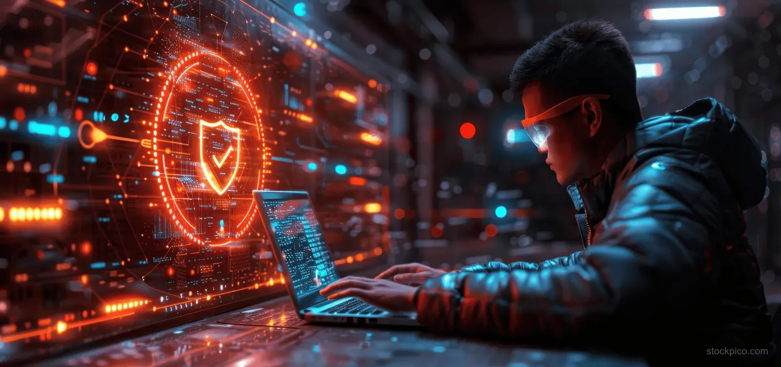 A hooded hacker types on a laptop in a neon server room with glowing encryption and keyhole icons.