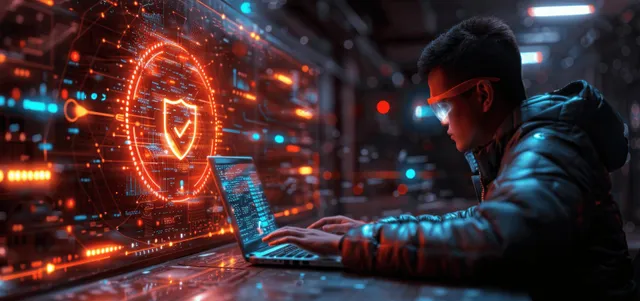 A hooded hacker types on a laptop in a neon server room with glowing encryption and keyhole icons.