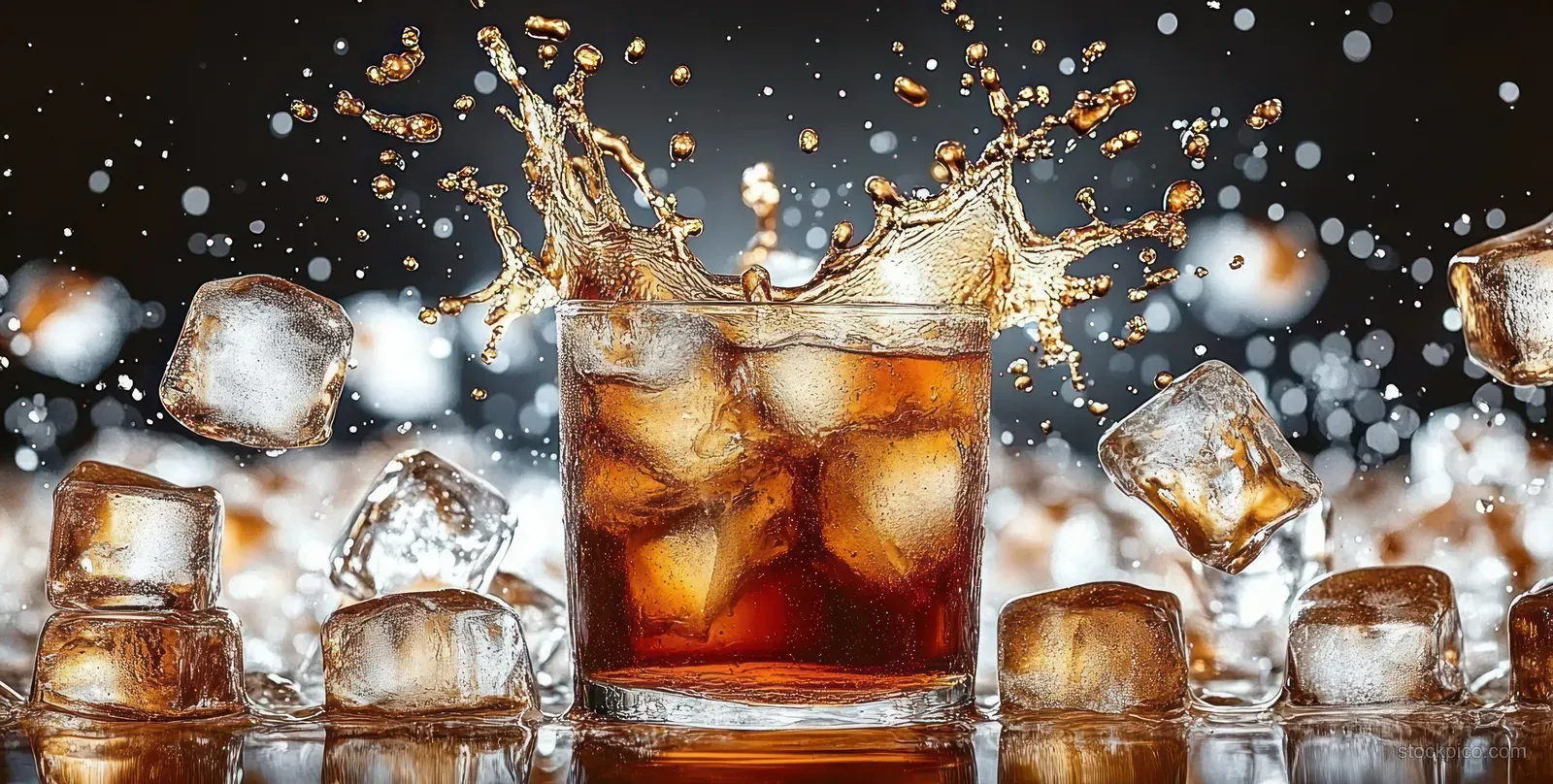 Brown cola in a glass bursts with ice cubes and water droplets suspended in mid-air on a dark background.