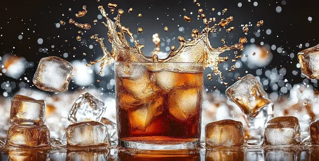 Brown cola in a glass bursts with ice cubes and water droplets suspended in mid-air on a dark background.