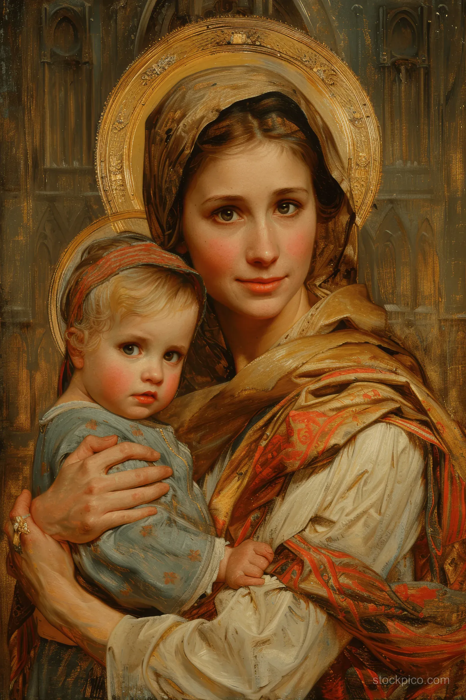 Mary cradles Baby Jesus beneath gold halo ornaments inside an ornate ancient cathedral setting.