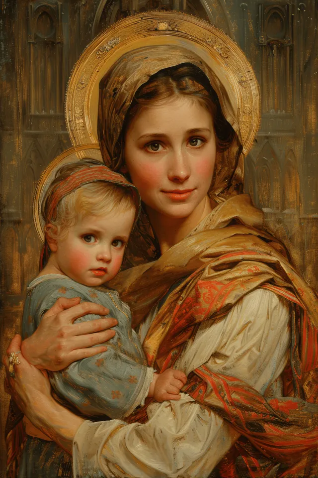 Mary cradles Baby Jesus beneath gold halo ornaments inside an ornate ancient cathedral setting.
