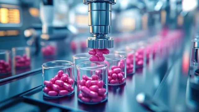Robotic arm filling glass vials with pink pills on futuristic pharmaceutical production line