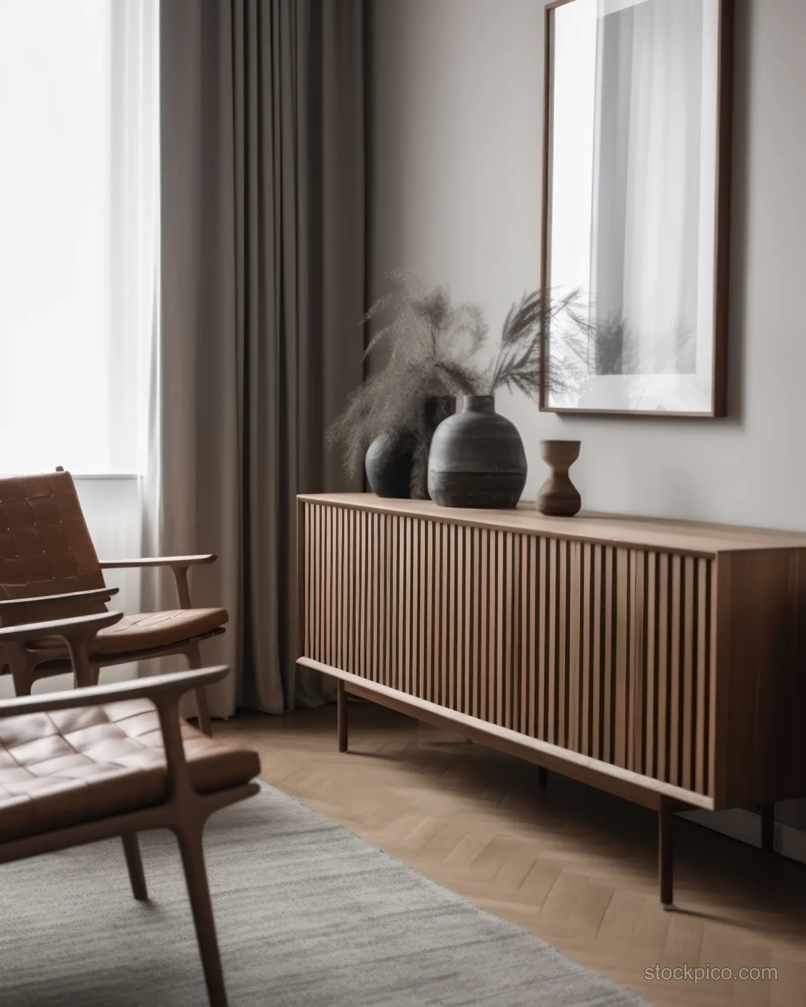 Mid-century living room corner with lounge chair, slatted wooden sideboard, framed art, and warm light through sheer curtains.