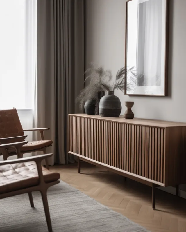 Mid-century living room corner with lounge chair, slatted wooden sideboard, framed art, and warm light through sheer curtains.