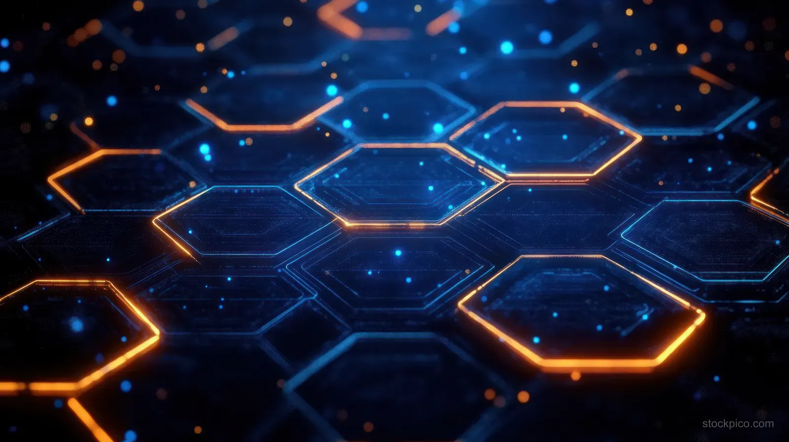 A futuristic honeycomb grid of glowing orange hexagons with blue light particles floating around them.