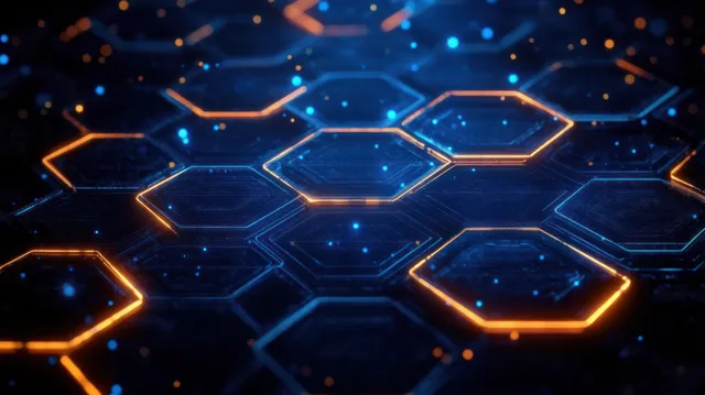 Futuristic honeycomb network grid glowing orange hexagons with blue particles in dark space