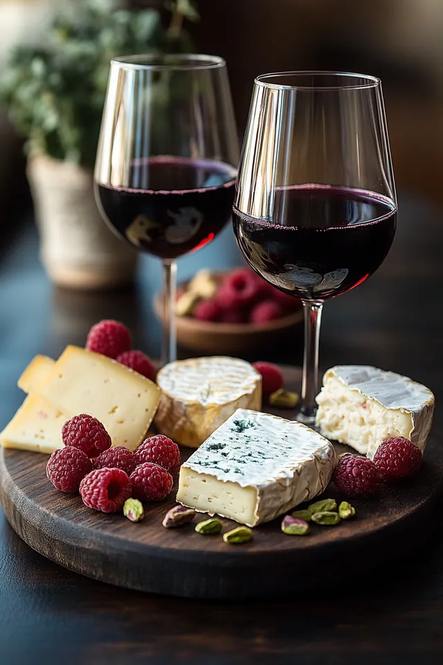Two red wine glasses beside assorted cheeses, raspberries, and pistachios on a wooden board