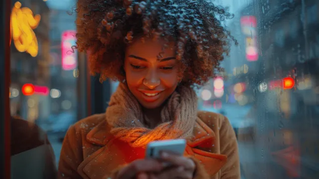 Smiling young woman checks messages on smartphone on neon-lit night city street