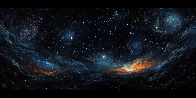 Panoramic night sky packed with swirling galaxies, glittering stars, and blue ethereal glow streaks.