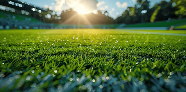 Close-up of green soccer grass on an empty stadium field with blurred players and fans in the distance.