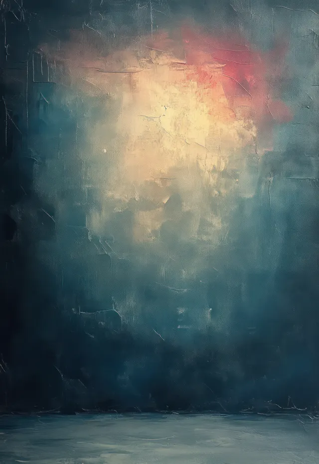 Abstract textured wall painting with muted blue and gold grunge haze and layered brush-like color spots.