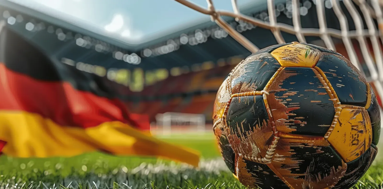 Soccer ball in a goal net with a German flag backdrop, representing a European Championship stadium concept.