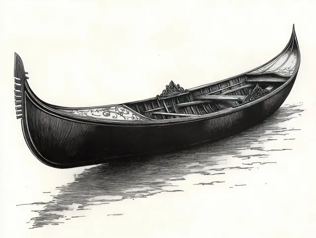 Black and white sketch of an ornate wooden gondola floating on calm canal water with reflected ripples.