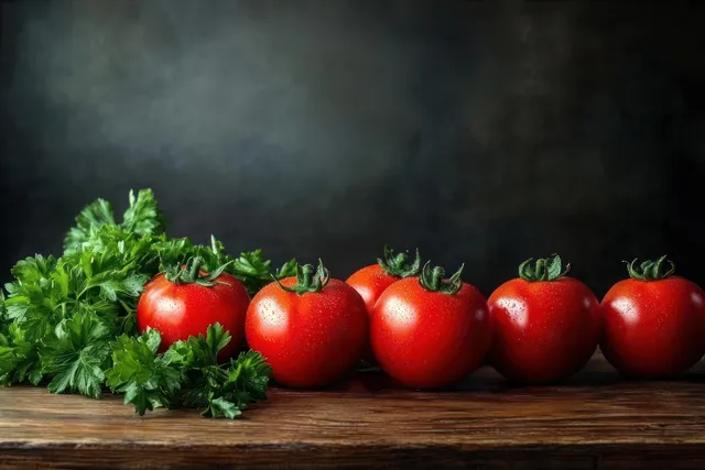 Ripe red tomatoes and fresh parsley arranged on rustic wooden planks against a dark textured background.